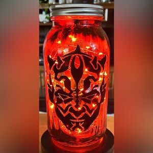 SPACE MOVIE FANDOM/THEMED 64oz JAR/ 14’ OF RED FAIRY-LIGHTS/HANDPAINTED/HANDMADE